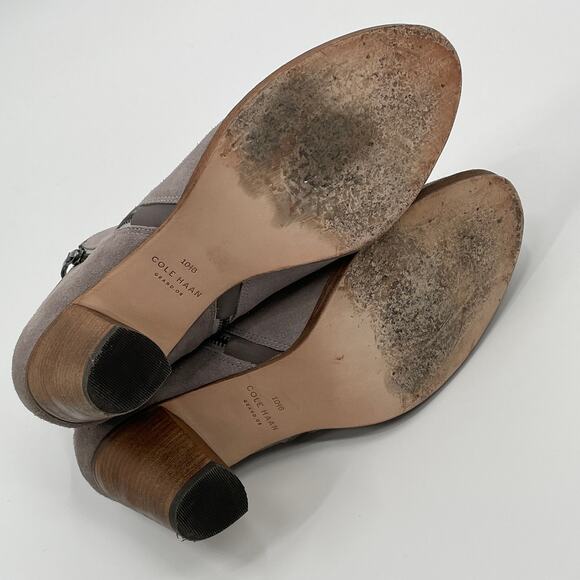 COLE HAAN Hayes Ankle Boots SZ 10.5 Taupe Suede Side Zip Stacked Heel Booties - Picture 7 of 9